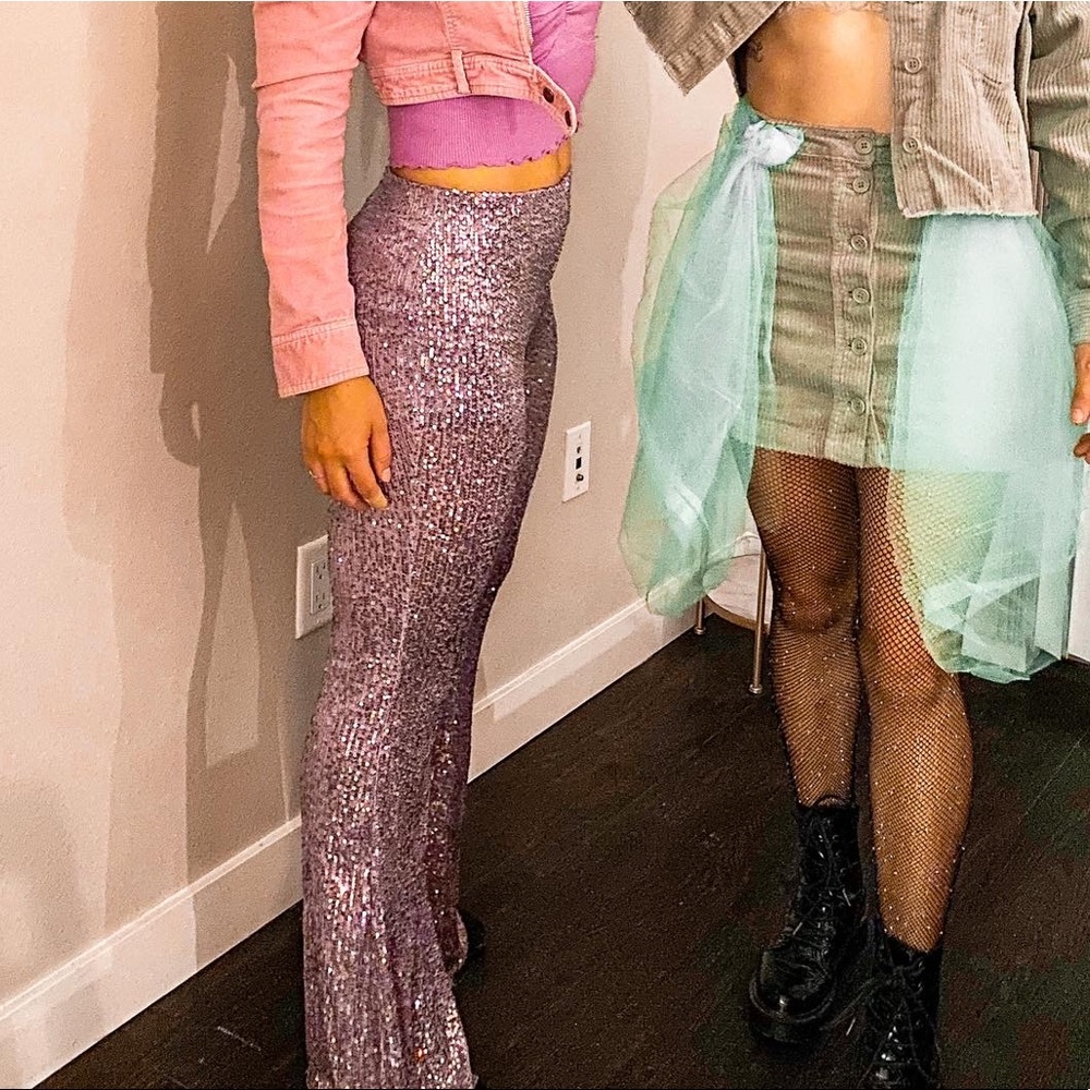 Purple sequin bell bottom pants